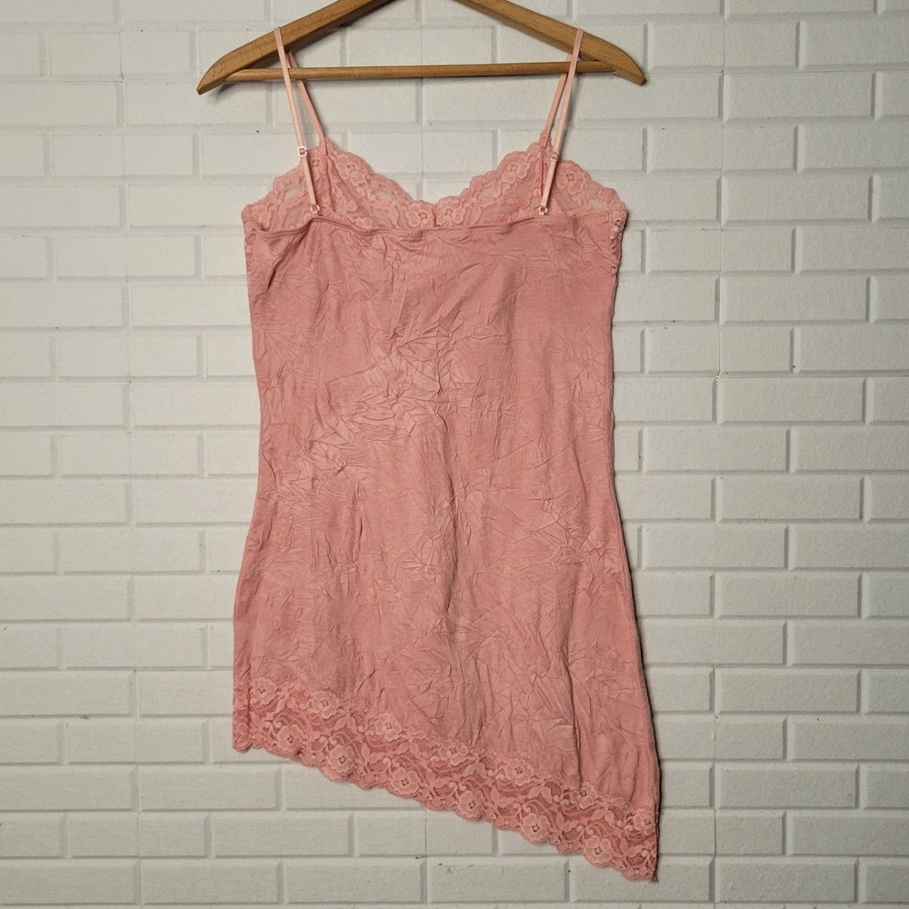 Vintage 2000s Guess Camisole Chemise S Pink Lace Trim Asymmetric Coquette - Picture 2 of 10